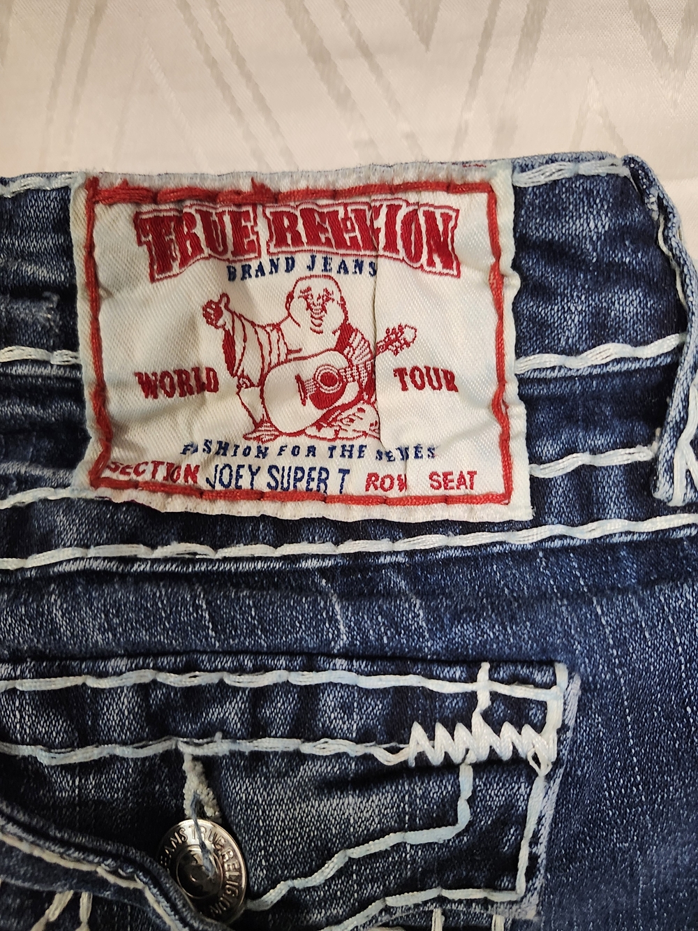True Religion Womens Dark Blue Slim Straight Flare with White Contrast Stitching